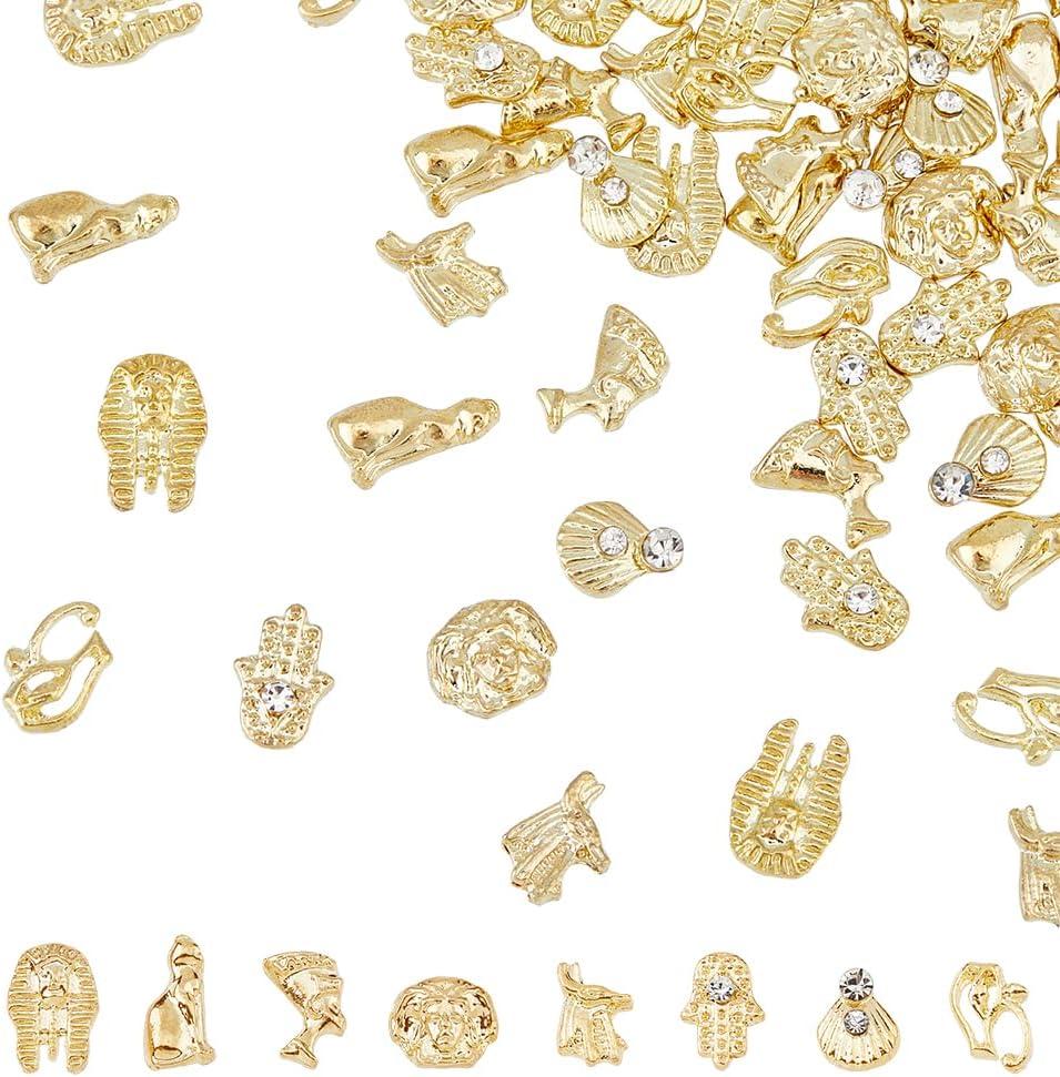 96Pcs 8 Styles 3D Egyptian Nail Charms Vintage Egyptian Nail Art Decoration Retro Nails Jewelry Accessories Pharaoh/Shell/Hamsa Rhinestone Decoration Golden for Nails Art Design