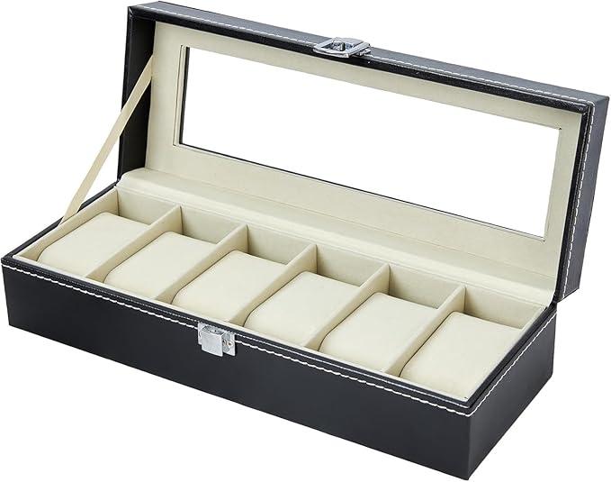 Watch Box Organizer for Men Watch Case 6-Slot PU Leather Watch Storage Real Glass Lid Jewelry Watch Holder Soft velvet Watch Display Case for Men Women Birthday Fathers Day Valentine's Day Gifts