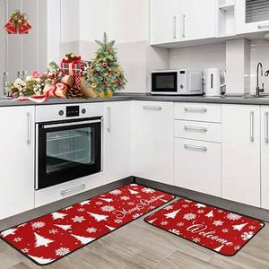 Lumiprinta Merry Christmas Snowflake Xmas Trees Red Kitchen Rugs Set of 2, Non-Slip Kitchen Floor Mats in Front of Sink Absorbent Kitchen Mat 17"x47"+17"x30"