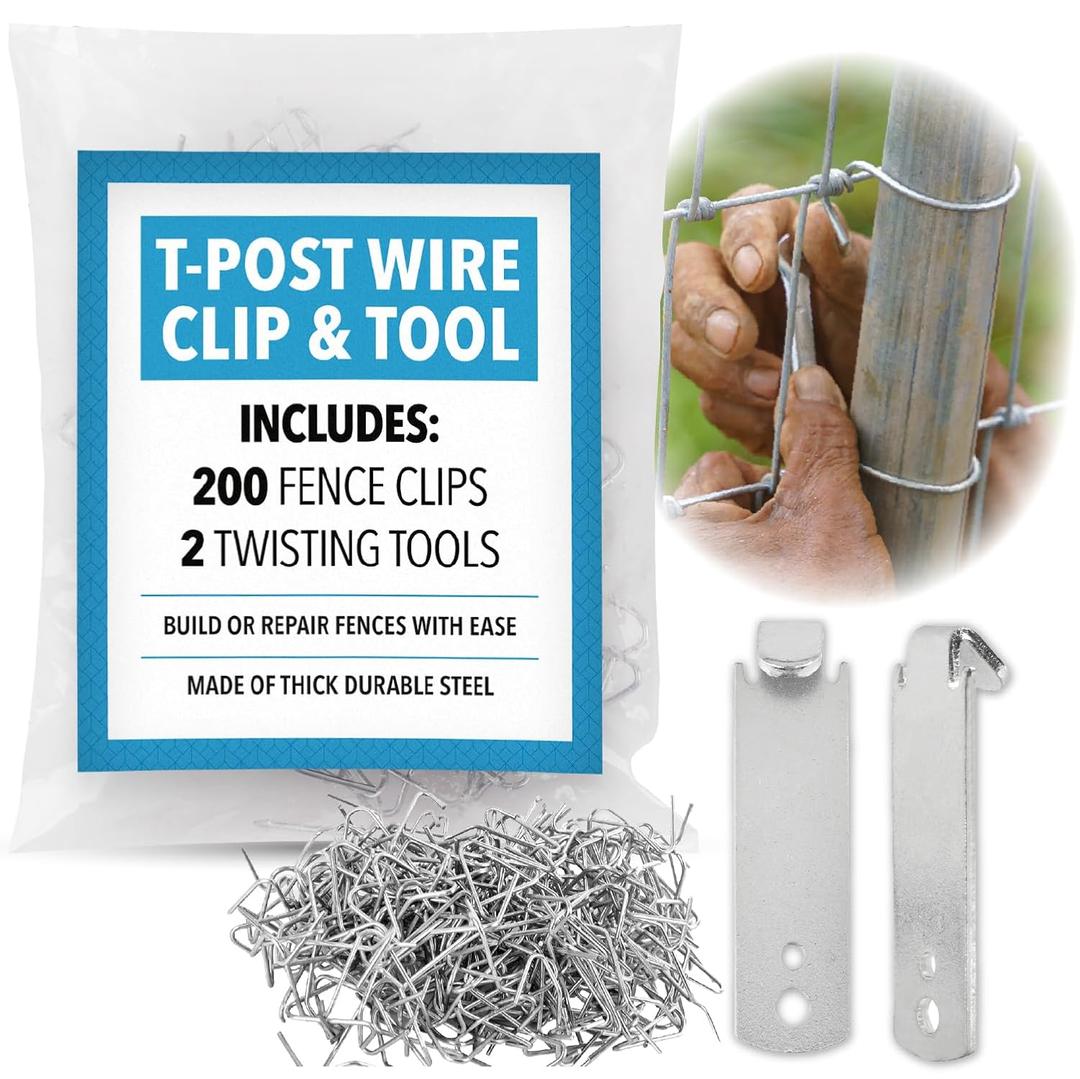 [202 Pieces] T Post Fence Clips & Wire Twister Tool for Building or Repairing Fences  200 Post Fasteners & 2 Extra Thick Clip Bender Tools