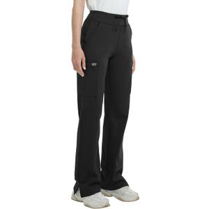 QBK High Rise Yoga Scrub Pants Women - Straight Wide Leg Uniform Pants with Cargo Pocket, Anti-Wrinkle & Knit Yoga Waistband (Small, Black)