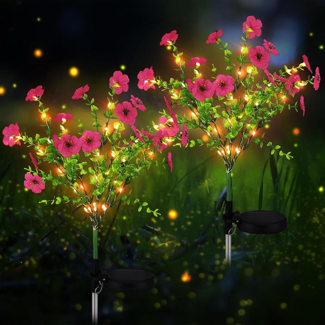 Glooglitter 2 Pack Solar Stake Lights Outdoor Decor Waterproof Mums Artificial Flowers Solar Lights for Outdoor Garden Yard Pathway Decor (Rose Red,Violet)
