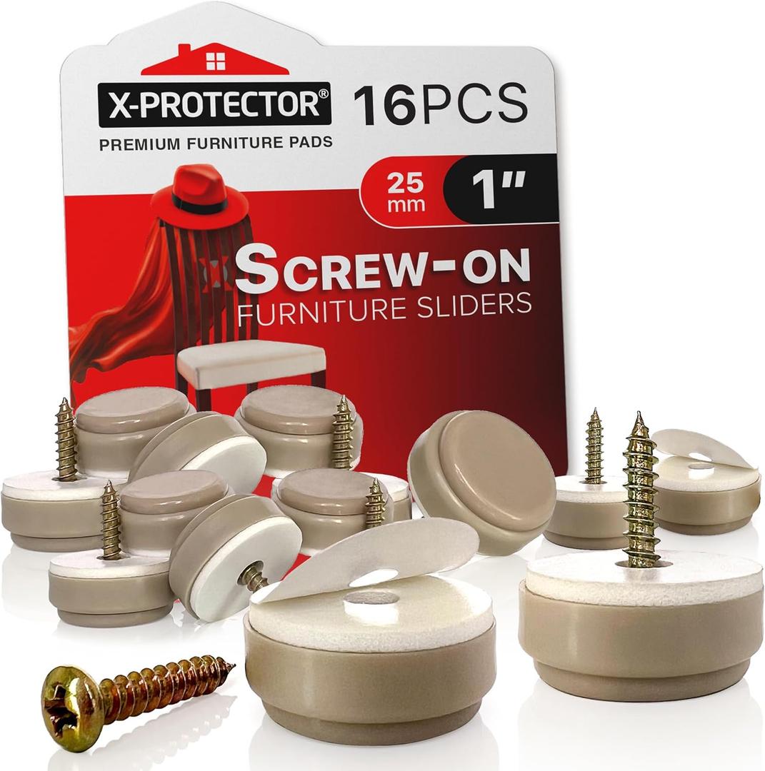 Chair Glides X-PROTECTOR  16 PCS 1" Furniture Glides  Screw-On Chair Sliders  Premium Chair Leg Floor Protectors  Slide Furniture Effortlessly on All Floor Types with Small Furniture Sliders! (1 inch (16 pieces) - Beige)