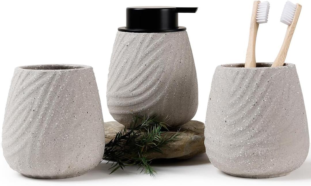 3 Pcs Bathroom Accessories Set  Ceramic Lotion Soap Dispenser, Toothbrush Holder with Rustic Leaf Vein, Modern Vanity Accessory Countertop Organizer for Bathroom Kitchen Decor