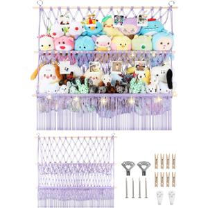 2 Tier Stuffed Animal Storage Shelf Net, 35x30'' Large Plushie Net w/ 2.4/1'' Dense Mesh for Mini Medium Stuffy Teddy, Purple Boho Macrame Toy Holder Display w/ Lights&Clips for Nursery Kid Girl Boy, Large-2 Tier-35'' Width