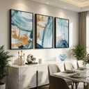 Large Framed Blue and Gold Abstract Wall Art for Living Room, 3 Piece Modern Canvas Prints Paintings Artwork for Walls, Minimalist Elegant Pictures for Dining Bedroom Hallway Lounge Wall Decor 24x36 In, 24" W x 36" H x 3pcs