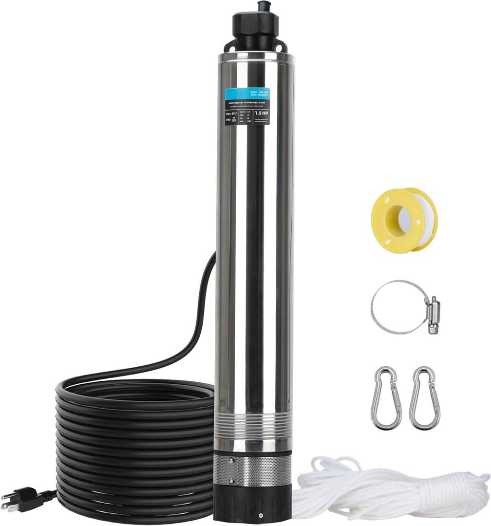 LEO 1.5HP Shallow Deep Well Pump 170FT Head Deep Well Submersible Pump | 1902GPH Submersible Well Pump with 72.2ft Power Cord 115V, Stainless Steel, Shallow Well Pump for Home, Irrigation Low Noise