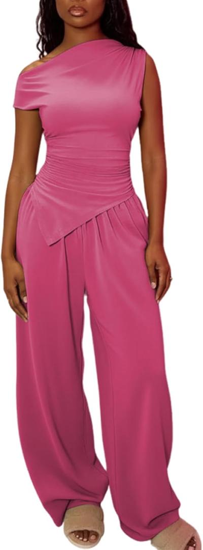 Ulovmi Women 2 Piece Outfit Off Shoulder Wide Leg Pants Set (XL)