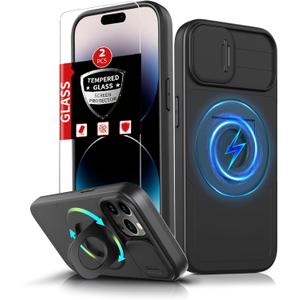 for iPhone 14 Pro Max Case Magnetic Compatible with MagSafe Wireless Charging,with 2 Screen Protectors,Built-in Kickstand Ring+Camera Cover Anti-Scratch Shockproof Heavy Duty Protection Black
