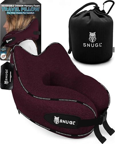 SNUGL Travel Pillow – Memory Foam Pillows - Neck Pillow for Airplane with Carry Bag & Clip – Neck Support Pillows for Pain Relief - Airplane Travel Essentials (Adult Regular - Dark Red)