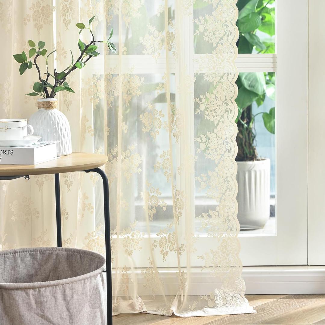 Kotile Beige Sheer Curtains 54 Inch Length 2 Panels, Country Rustic Floral Retro Beige Sheer Lace Curtains for Bedroom, Rod Pocket Light Filtering Privacy Cream Window Curtain Panels, 52 x 54 Inch