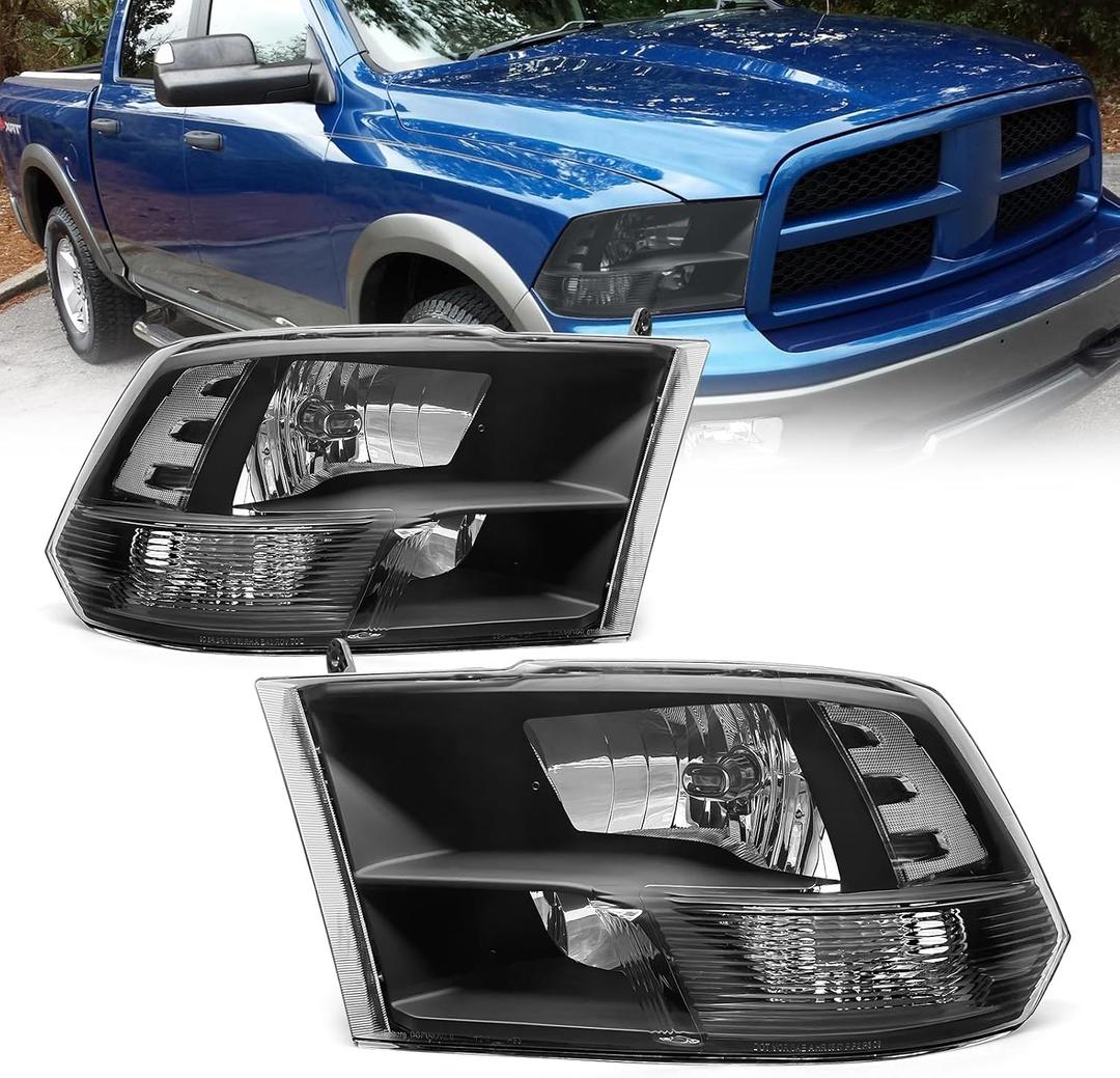 AS Headlight Assembly Compatible with 2009 2010 2011 2012 2013 2014 2015 2016 2017 2018 Dodge Ram 1500,2010-2018 Dodge Ram 2500/3500 Pickup QUAD Black Housing Pair (Not Fit Factory Projector Style)