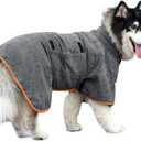Dog Drying Coat Bathrobe Towel, Microfibre Material Fast Drying Super Absorbent Dog Bath Robe, Pet Quick Drying Moisture Absorbing with Adjustable Collar and Waist (Large, Grey-1)