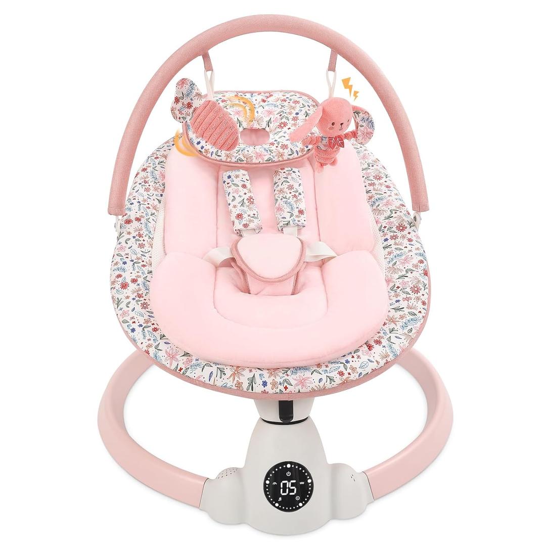 Baby Swing for Infants, Electric Baby Swing with Bluetooth, Portable Infant Swing with 5 Speeds, 10 Lullabies, 5-Point Harness & Remote Control, for Newborns Infants Indoor Outdoor Use (Pink)