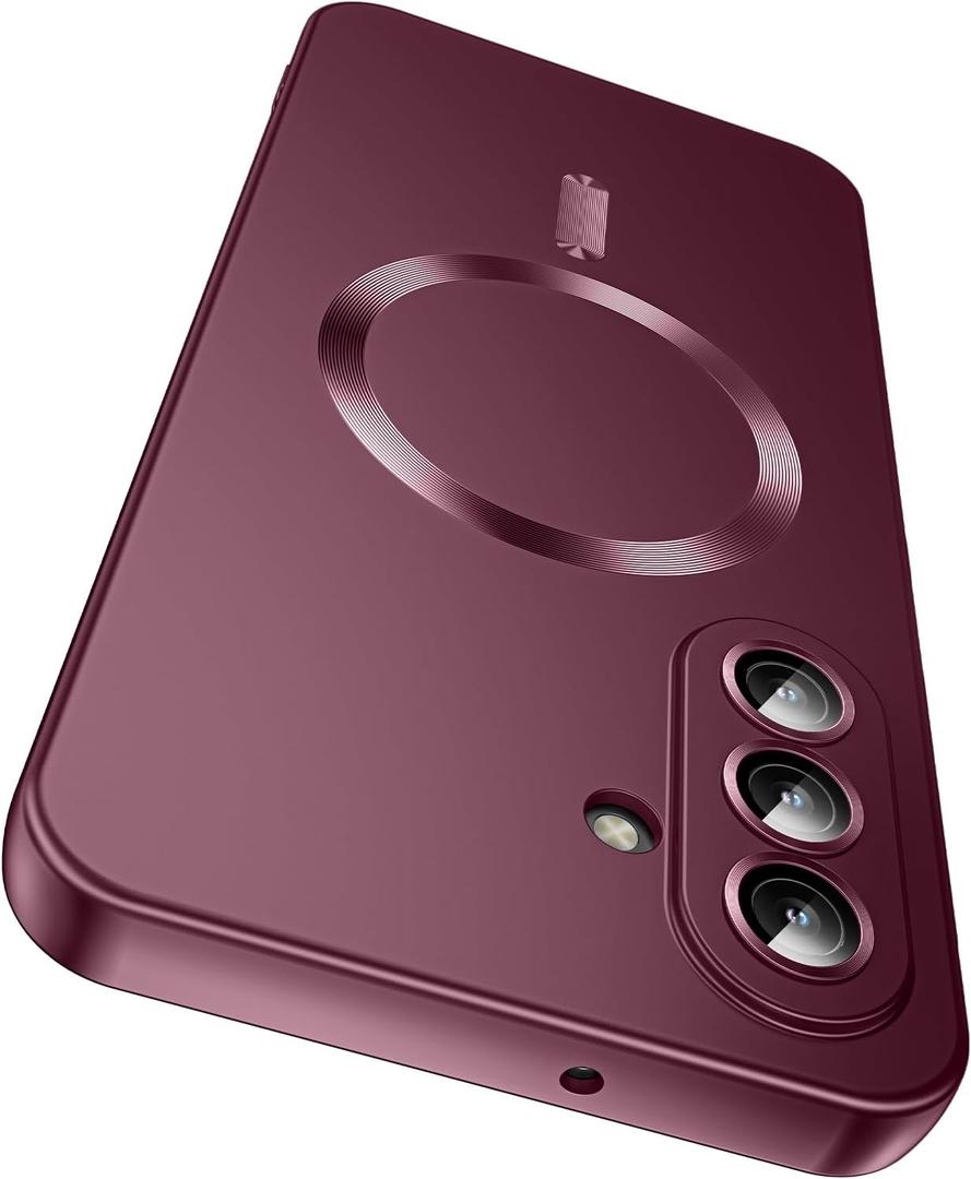 LEKEVO Magnetic for Samsung Galaxy A17 5G Case [Compatible with MagSafe][Built-in Camera Lens Protector] Slim Soft Silicone Bumper Shockproof Metallic Luster Phone Case, Burgundy