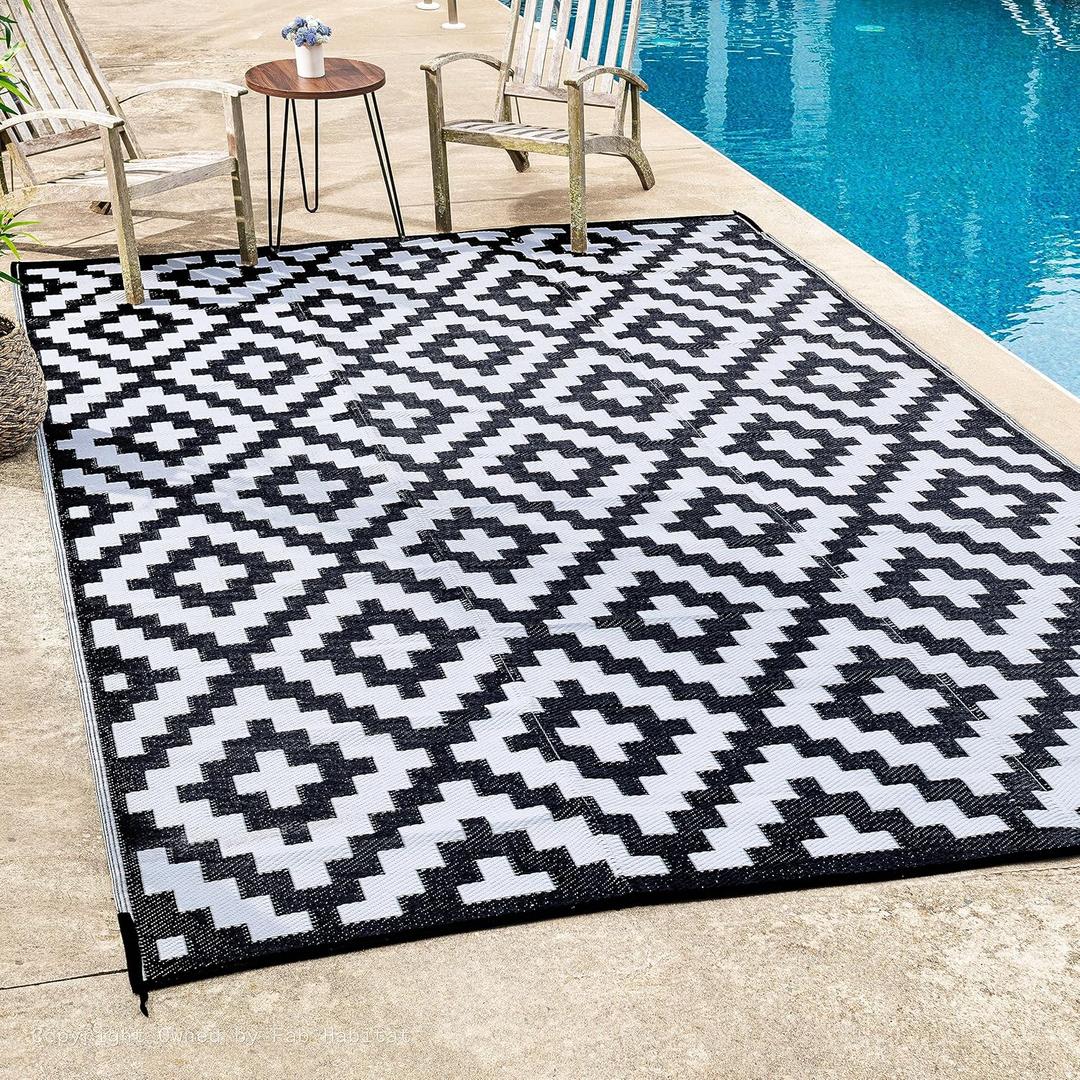 FH Home Outdoor Camping Rug - Waterproof, Fade Resistant, Reversible - Premium Recycled Plastic - Geometric - Large Patio, Deck, Sunroom, RV - Aztec - Black & White - 9 x 12 ft Foldable (9 ft x 12 ft, Azfd - Black - Foldable)