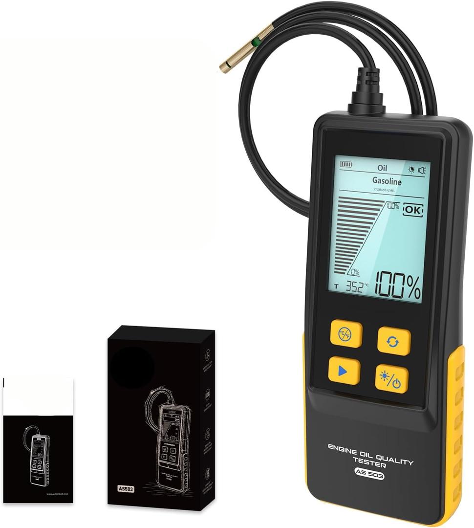 PLAYOCCAR Engine Oil Tester Gasoline & Diesel AS503 Motorcycle Engine Oil Quality Tester Kit Transmittance & Temperature Analysis Detector with 800MM High Precision Probes,2.8'' Backlit Display