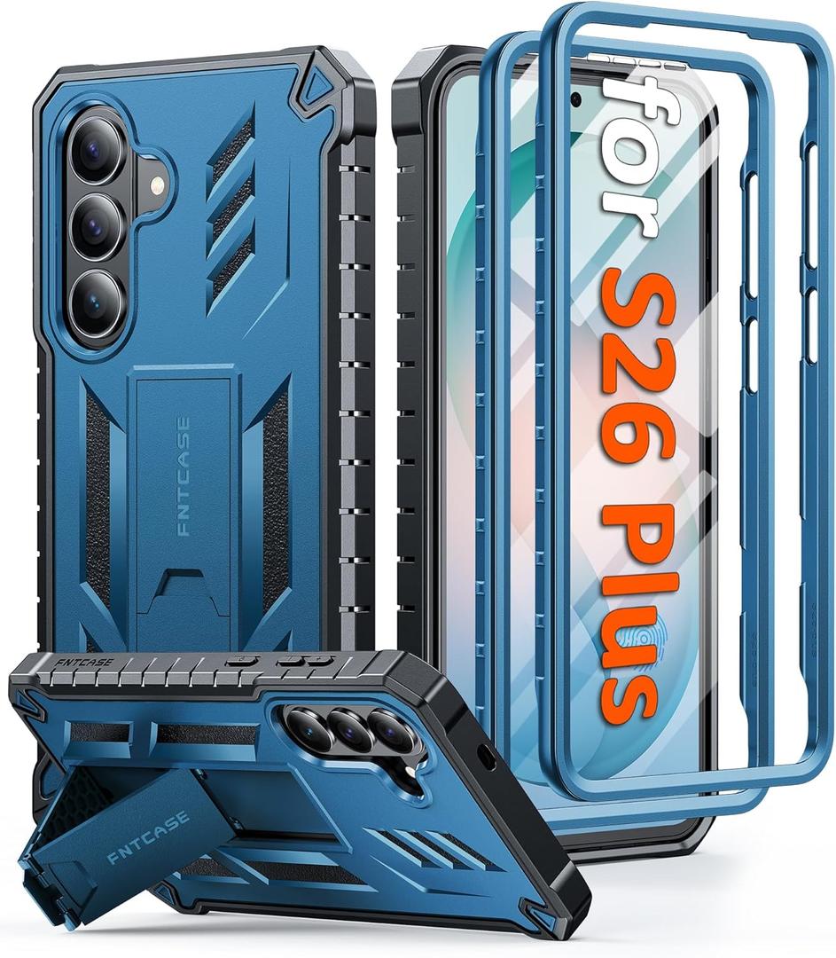 FNTCASE for Samsung Galaxy S26+ Plus Case: with Kickstand | 2 Front Frames | Built-in Screen Protector Military Grade Drop Proof Protection Rugged Protective Phone Case for S26 Plus 6.7 Inch Blue