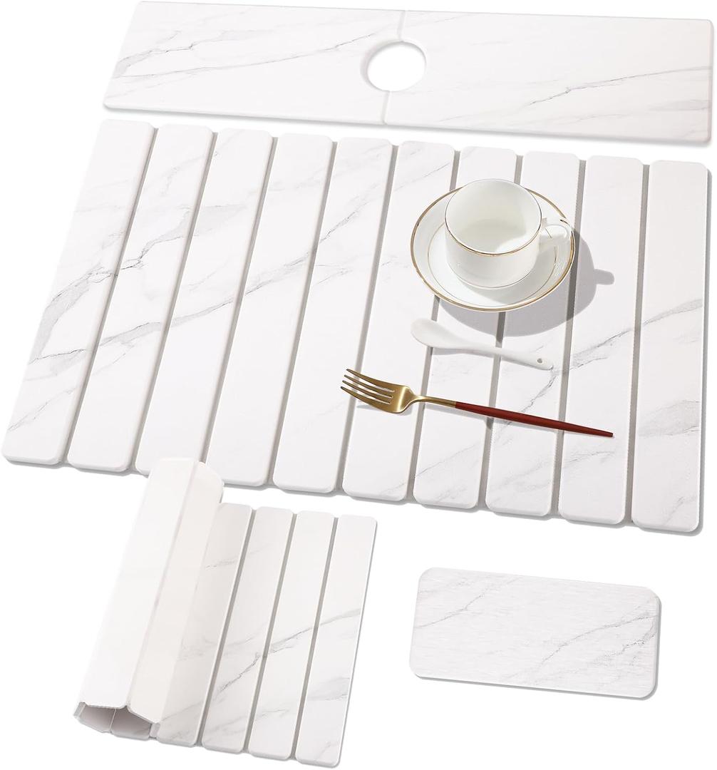 3 PCS Large Stone Dish Drying Mat for Kitchen Counter, Quick Dry Stone Dishes Mats, Sink Faucet Mat, Marble Water Absorbing Diatomaceous Earth Drying Pad for Countertop Tableware, Bottles (24*16inch+24*5.5inch+8*4inch, White Grey Marble)