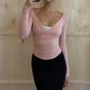 Women Off Shoulder Wrap Tops Long Sleeve Solid Color Slim Fitted T-Shirt Ruched Crop Tops (Pink, S)