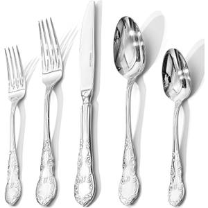 KINGSTONE Vintage Silverware Set, 30-Piece 18/10 Stainless Steel Retro Royal Flatware Cutlery Set for 6 with Carved Thick Handles, Tableware Utensils for Home, Party, Restaurant, Wedding, Dishwasher Safe