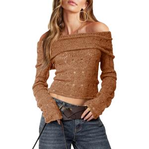 Womens Off The Shoulder Hollow Out Sweaters Sexy Slim Fitted Cropped Long Sleeve Knit Tops (Petite) (Brown, XL)