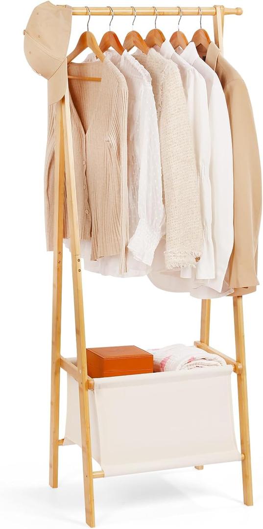 Bamboo Clothes Rack with Storage Box, Portable Extra Large Garment Rack Clothing Rack, Foldable Wardrobe For Entryway and Bed Room (S)