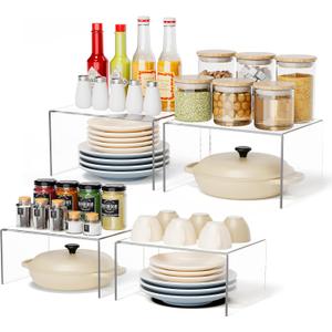 Yakaly Acrylic Cabinet Shelf Riser Set of 4, HeavyDuty Kitchen Organizers with NonSlip Pads, Clear Countertop Spice Shelves for Pantry Storage & Cabinet Decor