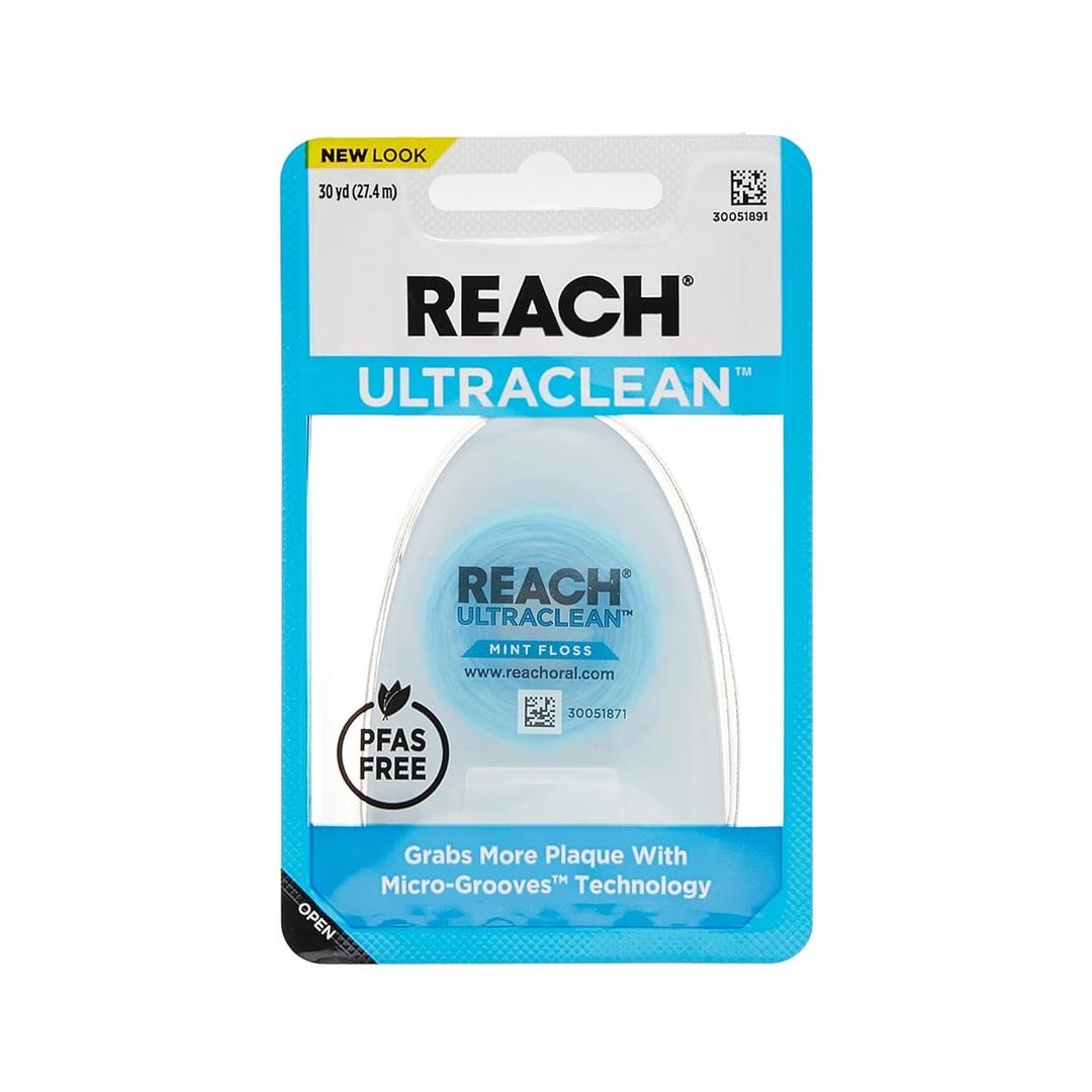 REACH Ultraclean Dental Floss, Mint, Plaque Remover for Teeth, Shred Resistant, Waxed, Easy on Gums & Teeth, Mint, Oral Care, PFAS Free, for Adults & Kids, 1 Pack, 30 yd