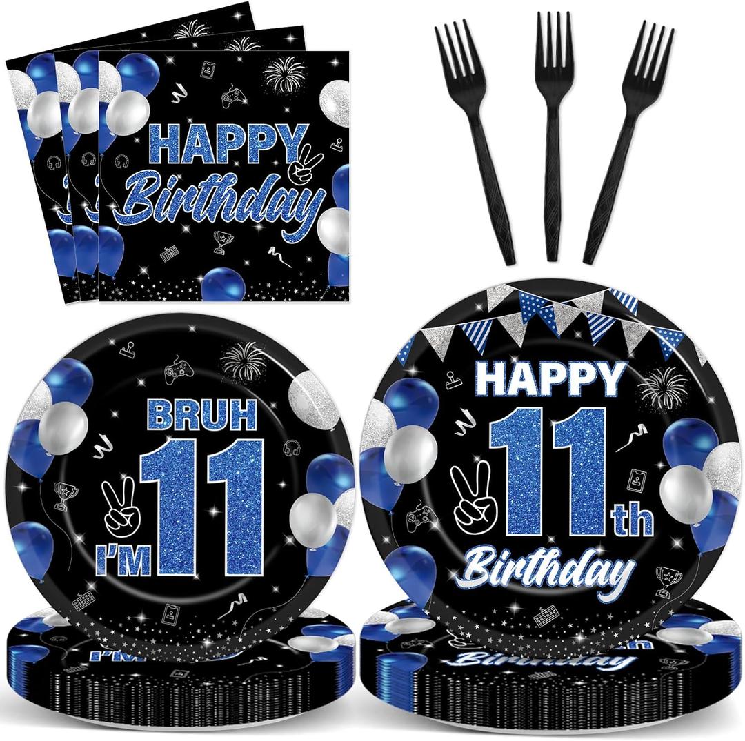 96PCS 11th Birthday Party Supplies Blue and Black 11th Birthday Plates and Napkins Black Blue Bruh Im 11 Tableware Dinnerware Video Game Theme Decorations for Boys Party Favors Serves 24