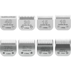 Size 40/30/15/10/7FC/5FC/4FC/3FC Detachable Pet Dog Grooming Clipper Ceramic Blades Set,Compatible with Andis,Oster A5,Wahl KM10 Series Clippers,Cut Length 1/100"(0.25mm) to 1/2"(13mm),8 Pack