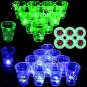 (Eyeball) The Halloween Glow in The Dark Beer Pong Set-Light up Beer Pong Cups for Indoor Outdoor Nighttime Competitive Fun,22 Glowing Cups(11 Green &11 Blue), 6 Glowing Balls- Party Game