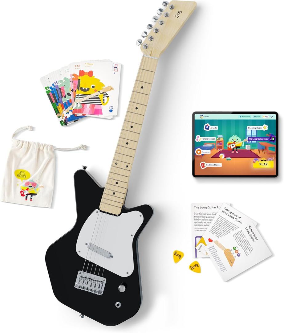 Loog Pro VI Electric kids real guitar for Beginners Ages 9+ Learning app & lessons included (Black)