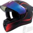 Full Face Motorcycle Helmets for Adult Men Women, DOT Approved Street Bike Racing Helmet Dual Visor Quick Release Buckle, Motorbike ADV Moped Helmet with Extra Clear Visor, Matte Black Red, Small