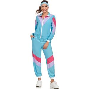80s 90s Retro Windbreaker Set Women Workout Costume Outfit Track Suit for Women (Blue, L)
