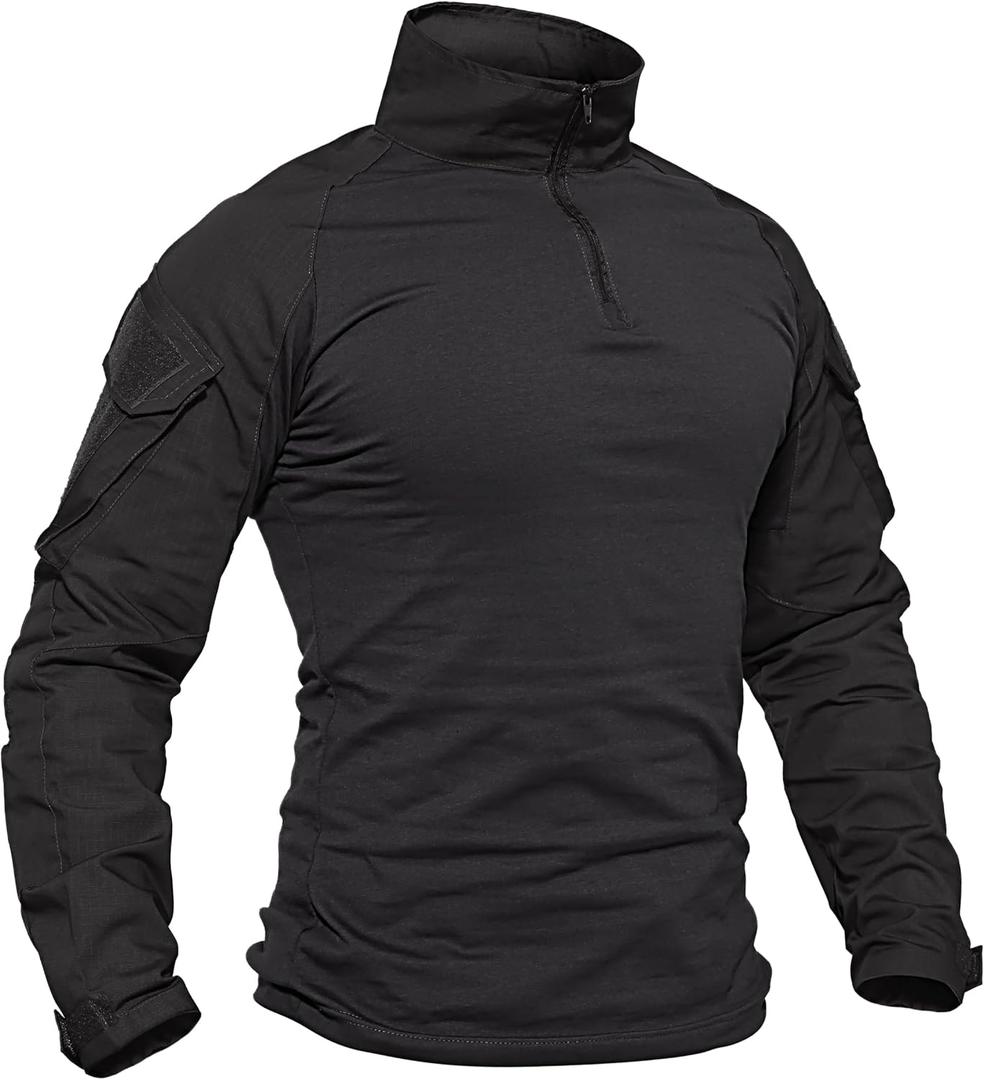 TACVASEN Tactical Shirt for Men Long Sleeve Combat Shirt 1/ 4 Zip with Pockets Military Pullover Army Breathable Paintball Airsoft Police Black M