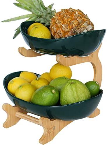 Mangoton 2 Tier Fruit Basket,Ceramic Fruit Bowl for Kitchen Counter,Fruit Basket for Kitchen,Fruteros para Cocina,Large Green