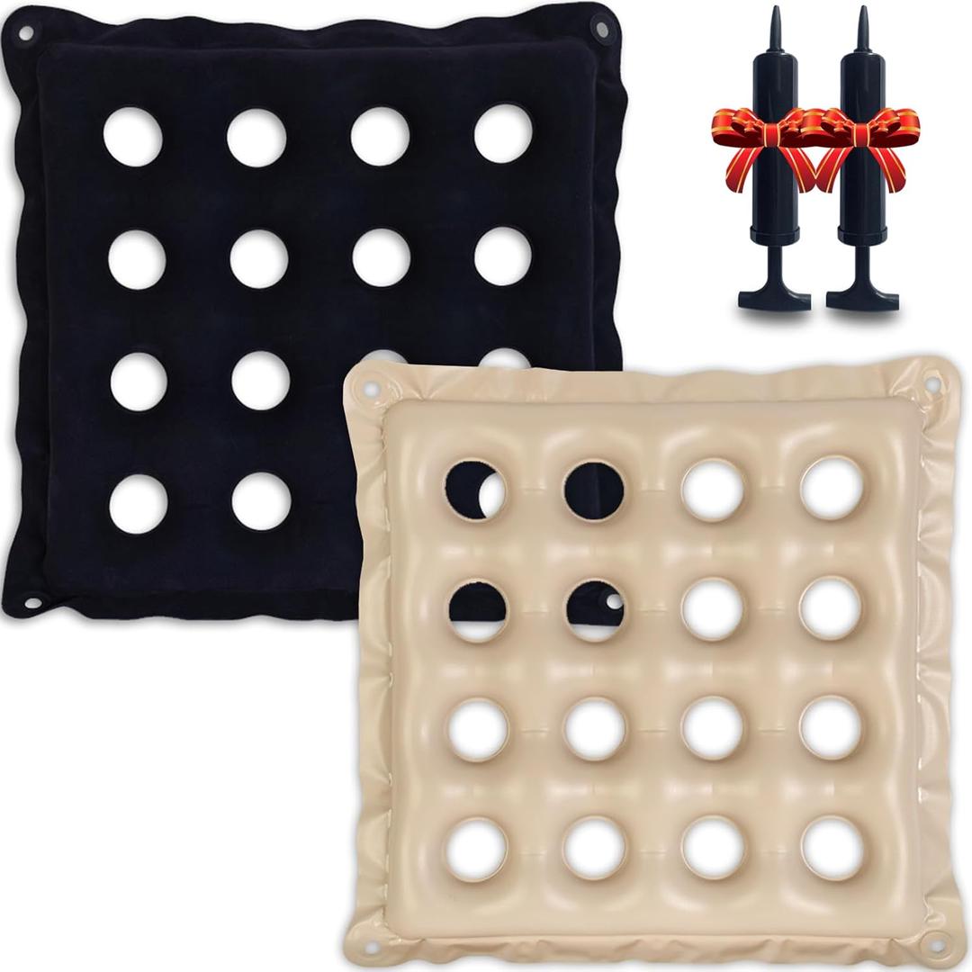 2 Pack Inflatable Seat Cushions for Pressure Relief - Ideal Waffle Cushion for Prolonged Sitting - Wheelchair Cushion for Pressure Sore - Ideal Seat Cushion with Inflatable Pump - Purple & Khaki