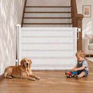 Cumbor 37-55" Retractable Baby Gates for Stairs & Doorways, Indoor Outdoor | Hardware Mounted Mesh Dog & Pet Gate, Easy Walk Through, One-Hand Operation, Anti-Crawl Adjustable Safety Gate for Dog, White