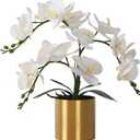 LESING Potted Artificial Orchid Flowers,Real Touch White Fake Artificial Orchid Flower in Gold Vase Arrangement for Table Living Room Decoration (White,Gold Vase)