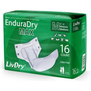 2 x LivDry EnduraDry Max Adult Diapers with Tabs, Up to 12-Hours, Super Absorbent Incontinence Underwear, Leak Protection Briefs, Medium, 16-Pack, 32 ct total