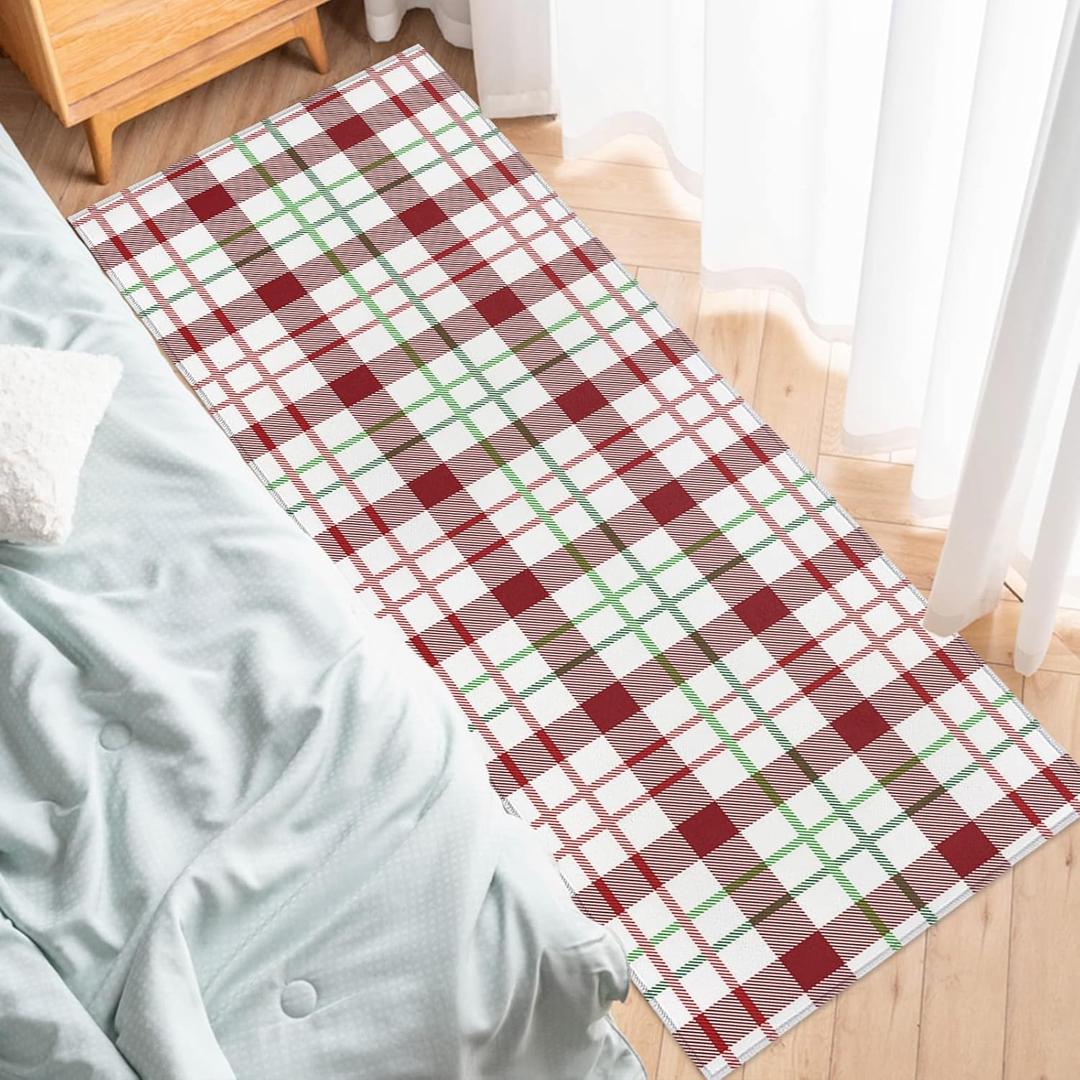 Buffalo Plaid Kitchen Rug - Xmas Green Red White Tartan Carpet Runner - Non Slip Rug for Laundry, Bedside, Bathroom, Bedroom - 15.7"X47.2
