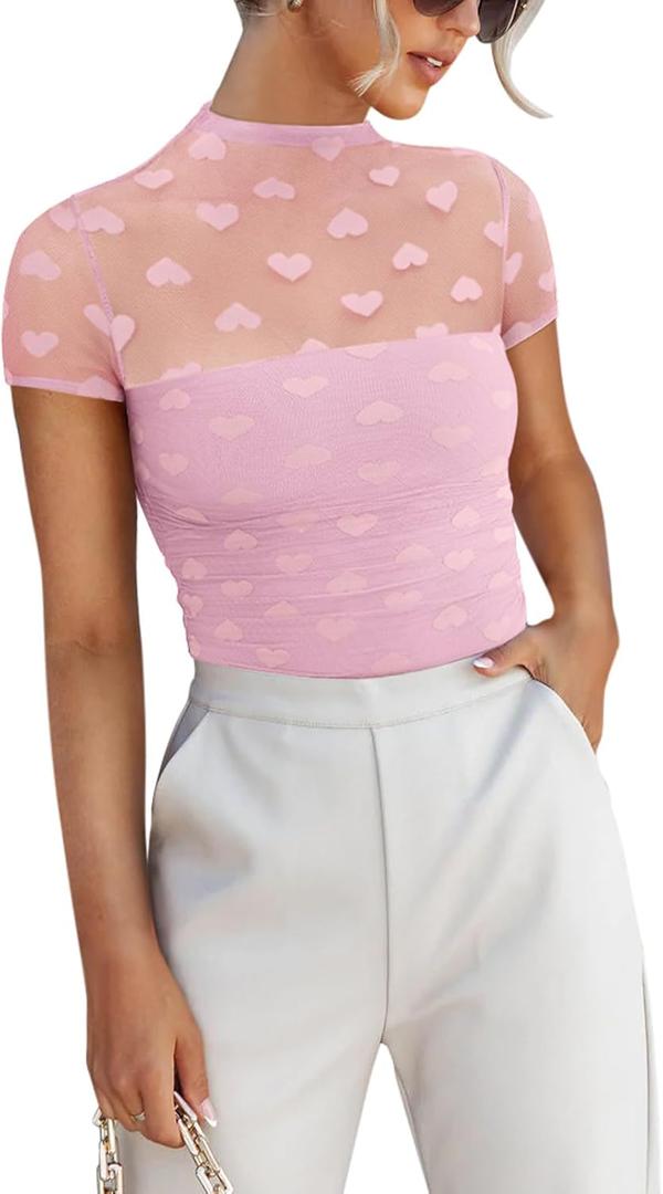 REORIA Women's Sexy Mock Turtle Neck Short Sleeve Shirts Sheer Mesh Ruched Trendy Going Out Bodysuits Tops (Medium, Pink Heart)
