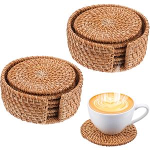 12 Pack Handmade Rattan Coasters with Holder, 4 Inch Natural Wicker Boho Drink Coasters Set, Heat Resistant Reusable Table Protectors for Home Decor, Brown