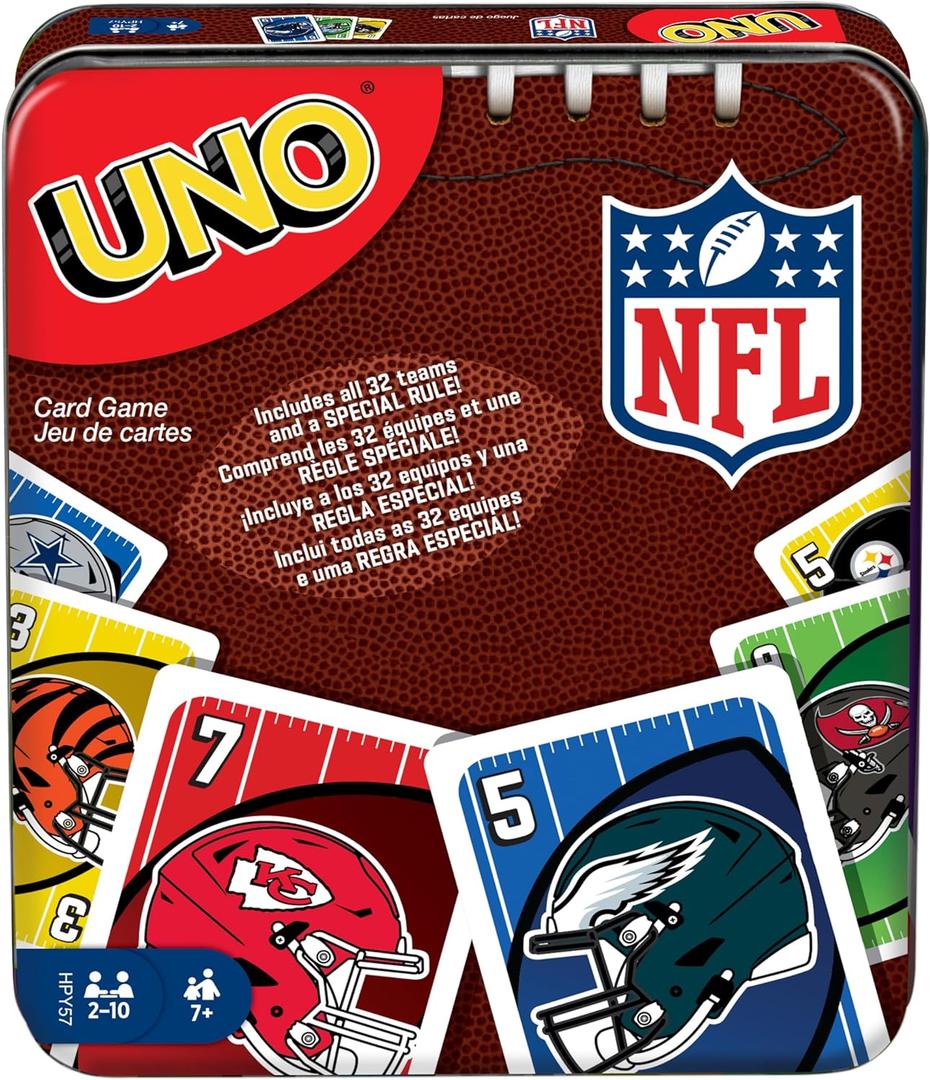 Mattel Games UNO NFL Card Game in Storage Tin Box for Kids, Adults, Parties & Travel with NFL Team Logos & Special Rule