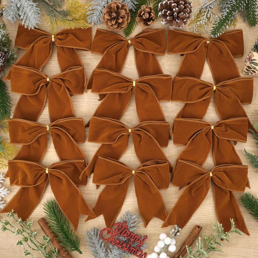 12 Pcs Christmas Velvet Bows 6 Inch Rustic Wreath Gift Bows Vintage Xmas Ribbon Bows Holiday Ornaments for Christmas Tree Wreath DIY Xmas Crafts Home Decorations (Khaki)