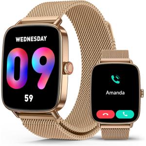 SOUYIE Smart Watch for Women Men, 1.85" AI Voice Smartwatch, 24/7 Heart Rate Monitor, Stress/SpO2/Sleep Tracker, IP68 Waterproof, Weather, 100+ Sports Fitness Tracker for Android iOS Glod Metal