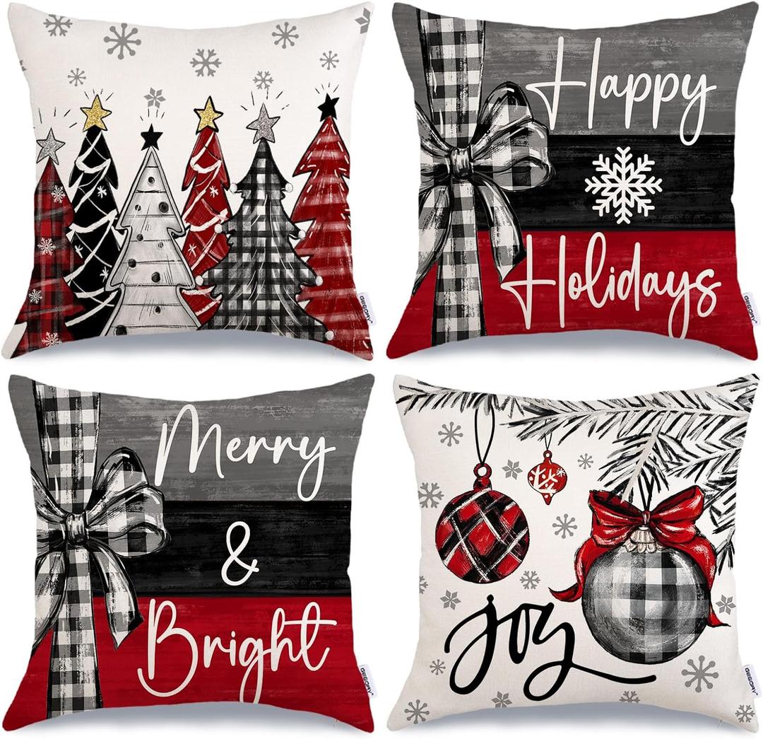 GEEORY Christmas Throw Pillow Covers 16 x 16 Inch Set of 4, Xmas Trees Merry and Bright Happy Holidays Farmhouse Decorative Cushion Cases for Home Decoration G418-16 (Multicolor)