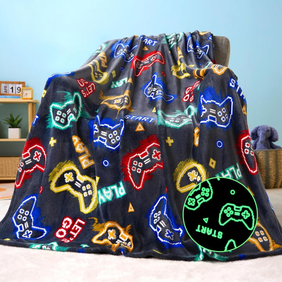 Joiedomi Glow in The Dark Gaming Blanket Gamer Gifts for Boys Age 2 3 4 5 6 7 8 9 10 11 12 Year Old, Soft Cozy Flannel Kids Throw Blanket, Birthday Bedroom Decor Grey 50"60"