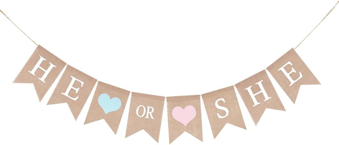 2 x GCQQ He or She Banner, No DIY He or She Gender Reveal Burlap Banners, Baby Shower Banner Sign for Girls or Boy, Gender Reveal, Welcome Baby Backdrop Decoration